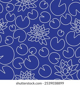seamless pattern with water lily flowers in doodle style in vector. element for decor postcard poster design print wallpaper wrapping background textile