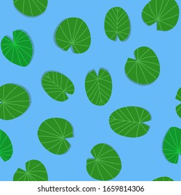 Seamless pattern with water Lily leaves on a blue background. Lotus leaves float in the river. Vector illustration.