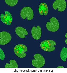 Seamless pattern with water Lily leaves and frogs on a blue background. Lotus leaves float in the pond and frogs sit on them. Vector illustration.