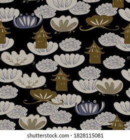 Seamless pattern water lily, slotus leaves flowers pagoda, asian japanese chinese style gray blue beige black background. trend of the season. Can be used for Gift wrap fabrics, wallpapers. Vector