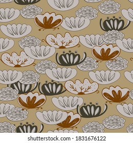 Seamless pattern water lily, slotus leaves flowers imple lines asian japanese chinese style gray beige tan background. trend of the season. Can be used for Gift wrap fabrics, wallpapers. Vector