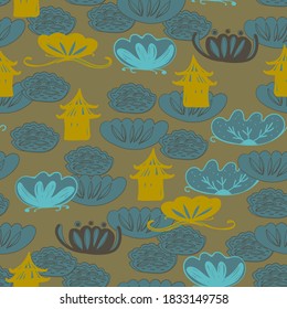Flores de flores pagoda, fondo marrón de mostaza amarilla de estilo japonés asiático. tendencia de la temporada. Se puede utilizar para telas de envoltura Gift, papel pintado. Vector