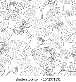 Seamless pattern with water lilys. Engraved style