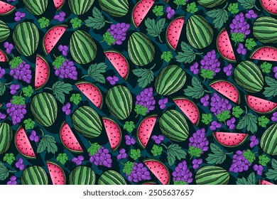 seamless pattern water melon and gra[e vector drawing