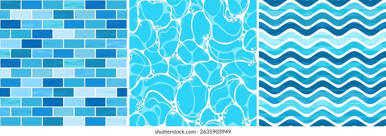 Seamless pattern of the water surface of the pool. A set of water patterns and swimming pool tiles . Seamless texture of ceramic pool tiles. Illustrated vector clipart. Hand draw no ai.