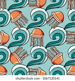 Seamless pattern with water wave and jellyfish in cartoon style. For web, print and textile design. Vector illustration
