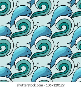 Seamless pattern with water wave and whale in cartoon style. For web, print and textile design. Vector illustration