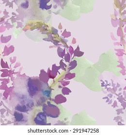 Seamless pattern with watercolor abstract stains and lupine flowers. Vector format illustration. Background in gentle colors.