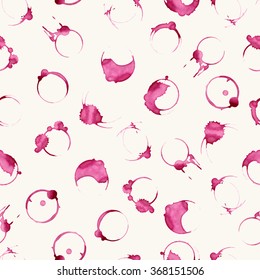 Seamless pattern with watercolor abstract wine stains. Handdrawn background with stains,  glass marks, blots and splashes on light beige background. Vector illustration EPS10.