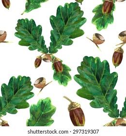 seamless pattern watercolor acorn and oak leaf on a white background