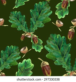seamless pattern watercolor acorn and oak leaf on a green background