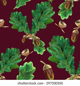 seamless pattern watercolor acorn and oak leaf on a burgundy background