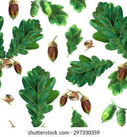 seamless pattern watercolor acorn and oak leaf with acorn on a white background