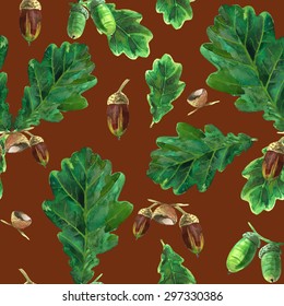 seamless pattern watercolor acorn and oak leaf with acorn on a brown background
