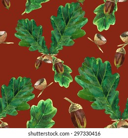 seamless pattern watercolor acorn and oak leaf on a terracotta background