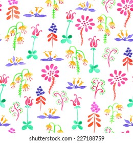 Seamless pattern with watercolor alien flowers on white background