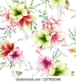 seamless pattern watercolor amaryllis flowers