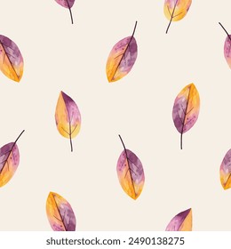 Seamless pattern of watercolor autumn leaves in purple and yellow hues on a beige background. Autumn and fall season vector watercolor illustration. 