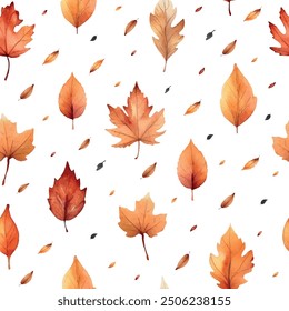 Seamless Pattern with Watercolor Autumn Leaves Hand Drawn. Vector