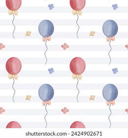 Seamless pattern with watercolor balloons and flowers. Cute childish wallpaper. Vector background in pastel colors