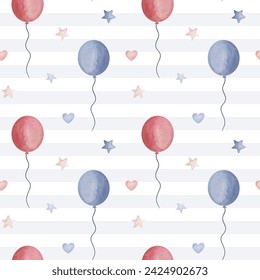 Seamless pattern with watercolor balloons hearts and stars. Cute childish wallpaper. Vector background in pastel colors