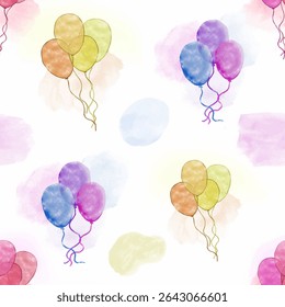 Seamless Pattern of Watercolor Balloons Pattern with Multicolored Pastel Background