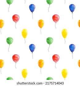 Seamless Pattern with watercolor balloons. For printing wrapping paper, wallpaper, packaging, fabric. Hand Drawn vector illustration.