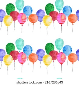 Patrón sin foco con globos acuarelas. Plantilla para cumpleaños, ducha de bebé, boda. Para imprimir papel envolvente, embalaje, tela. Ilustración vectorial dibujada a mano.