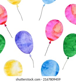 Seamless Pattern with watercolor balloons. Template for birthday, baby shower, wedding. For printing wrapping paper, packaging, fabric. Hand Drawn vector illustration.