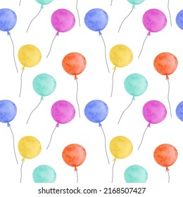 Seamless Pattern with watercolor balloons. Template for birthday, baby shower, wedding. For printing wrapping paper, packaging, fabric. Hand Drawn vector illustration.