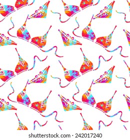 Seamless pattern with watercolor beach swimsuit on white background