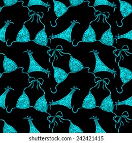 Seamless pattern with watercolor beach swimsuit on black background