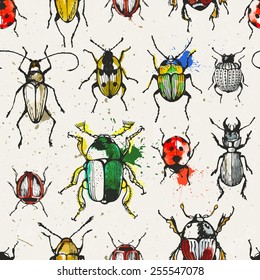 Seamless pattern with watercolor beetles. EPS 10 vector illustration.