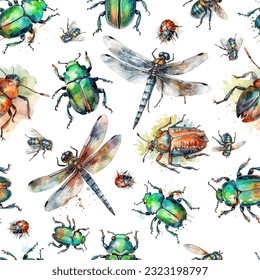 Seamless pattern of watercolor beetles on a white background. Vector illustration. Seamless pattern backdrop. Trendy traditional art on white background.