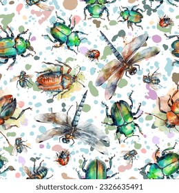 Seamless pattern of watercolor beetles on a white background. Vector illustration. Seamless pattern backdrop. Trendy traditional art on white background.