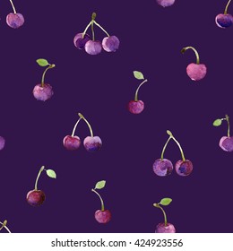 Seamless pattern with watercolor berry cherry. Endless repeating print background texture. Fabric design. Vector illustration