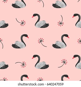 Seamless pattern with watercolor black swans on pink. Vector background