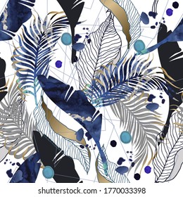Seamless pattern with watercolor blots and tropical leaves. Vector.