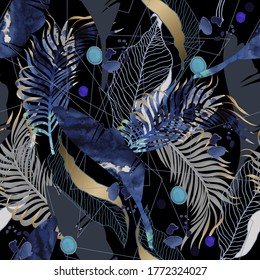 Seamless pattern with watercolor blots and tropical leaves. Vector.
