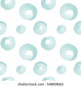Seamless pattern with watercolor blue circles on the white background