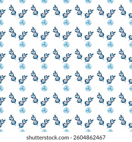 Seamless Pattern of Watercolor Blue Floral Elements on White Background
