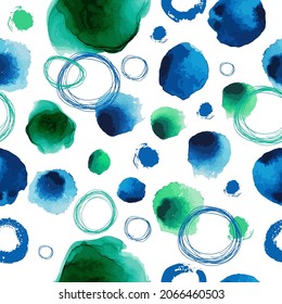 Seamless pattern of watercolor blue and green circles. Vector illustration