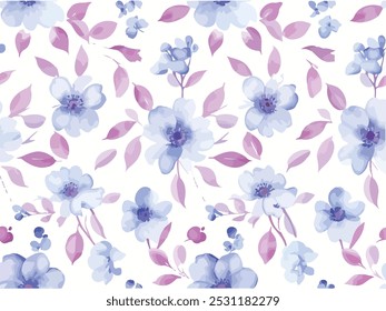 Patrón sin fisuras de flores de acuarela azul y lavanda con hojas de color púrpura suave sobre un fondo claro. Este diseño floral tiene una sensación serena y elegante, ideal para la moda, los textiles o el diseño digital