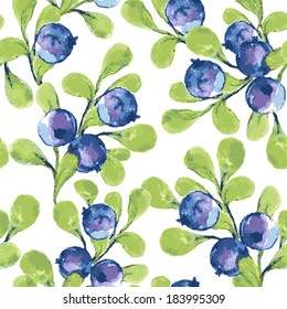 Seamless pattern with watercolor blueberries