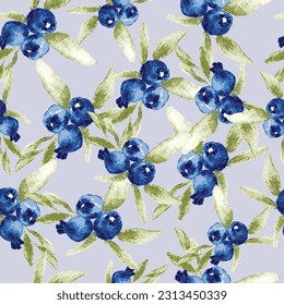 Seamless pattern with watercolor blueberry on white background. Natural fresh ripe tasty blueberries. Vector illustration for packaging, textile, fabric and various other designs.