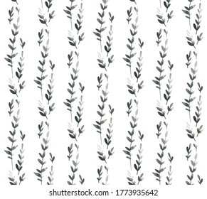 Seamless pattern. Watercolor botanical flowers, green leaves, branches. Vintage design for logo, wedding invitations, postcards, stickers, textile. White isolated background. Paper texture.