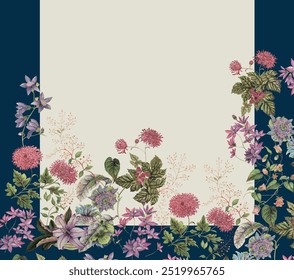 Seamless pattern watercolor bouquet of delicate roses on blue border. 