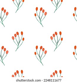Seamless pattern with watercolor branches with berries. For printing wrapping paper, wallpaper, packaging, fabric. Hand drawn vector illustration.