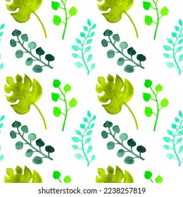 Patrón sin foco con ramas de acuarela, hojas. Para imprimir papel envolvente, papel pintado, embalaje, tela. Ilustración vectorial dibujada a mano.