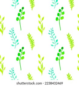 Seamless Pattern with watercolor branches, leaves. For printing wrapping paper, wallpaper, packaging, fabric. Hand Drawn vector illustration.